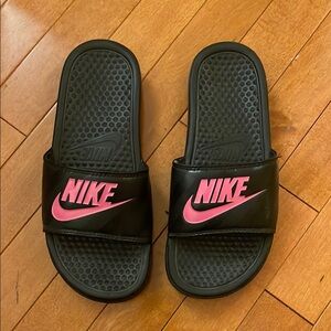 Nike Black Slides with Pink Logo
